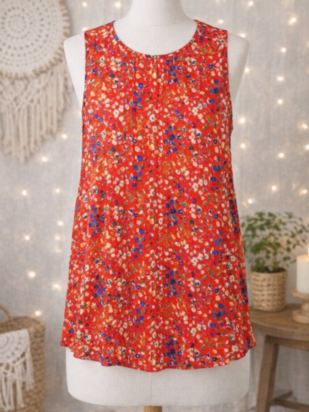 Rachel Zoe Red Floral Sheer Pleated Flowy Top Blouse Shirt M Boho Cottagecore